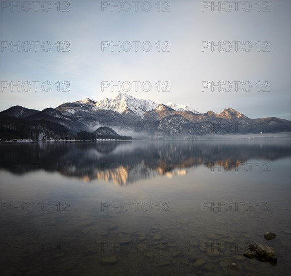 Kochelsee Lake or Lake Kochel with Mt Herzogstand at sunrise