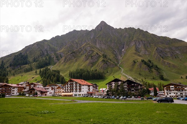 View of the village Samnaun with Mt Piz Ot