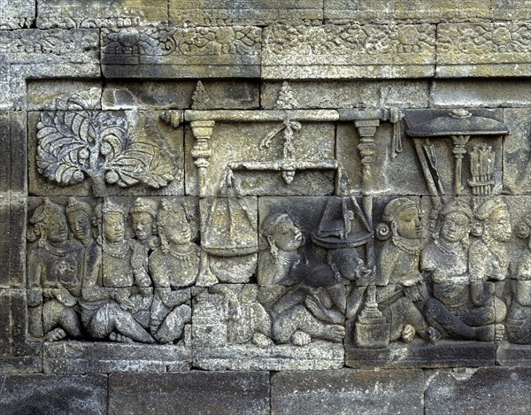 Detail of a wall relief of the temple complex of Borobudur
