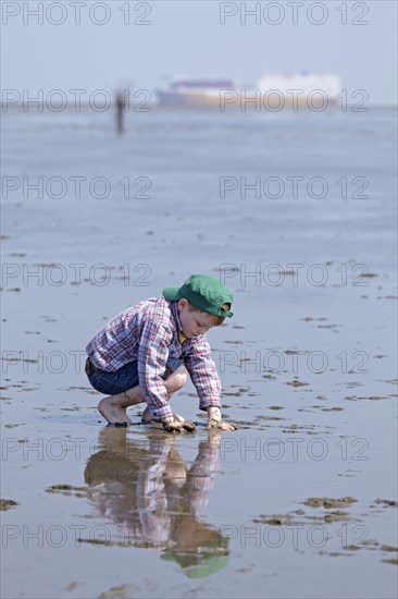 Boy playing in the mud in the mudflats of the Wadden Sea