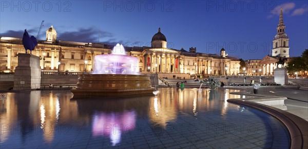 Fountain and equestrian statue of George IV in front of the National Gallery and Church of St Martin-in-the-Fields