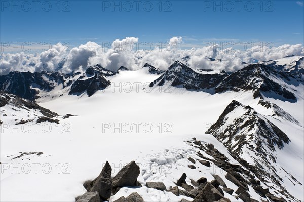 View of snow-covered peaks in the High Alps from Mt Vertainspitze