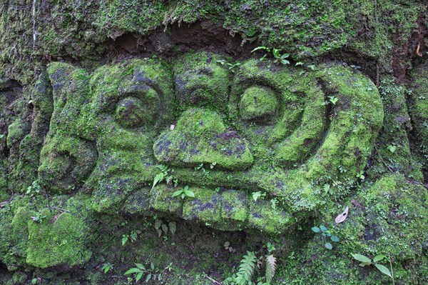 Moss-covered sculpture in the forest