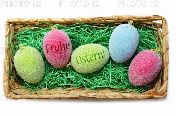 Colorful Easter eggs in an Easter basket