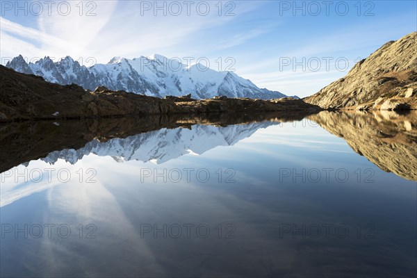 Evening light at Lac de Chesserys with mountains behind of Chamonix