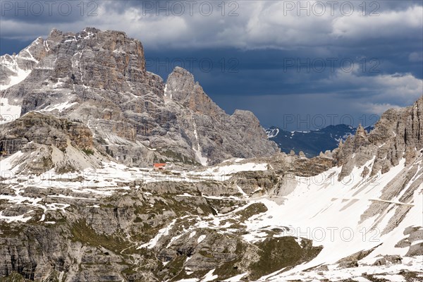 Rifugio Locatelli alle Tre Cime or Drei Zinnen Hutte and mountain Lastron dei Scarperi or Schusterplatte