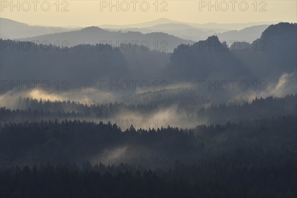 Fog and haze in the morning in the Elbe Sandstone Mountains