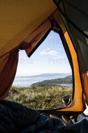 View from inside tent looking across Sound of Raasay