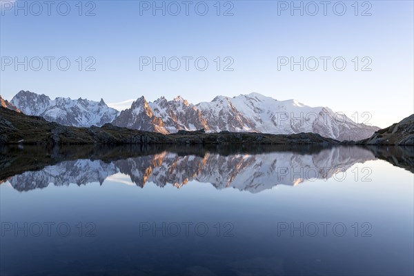 Evening light at Lac de Chesserys with mountains behind of Chamonix