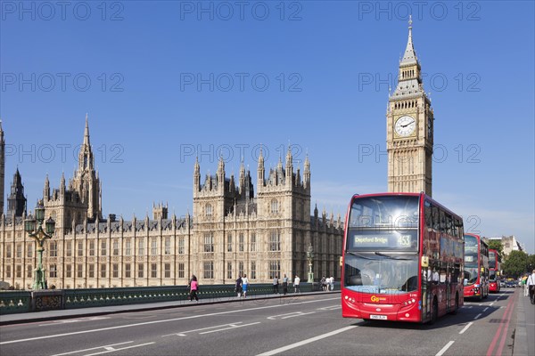 Red double-decker buses on Westminster Bridge with Big Ben and Houses of Parliament