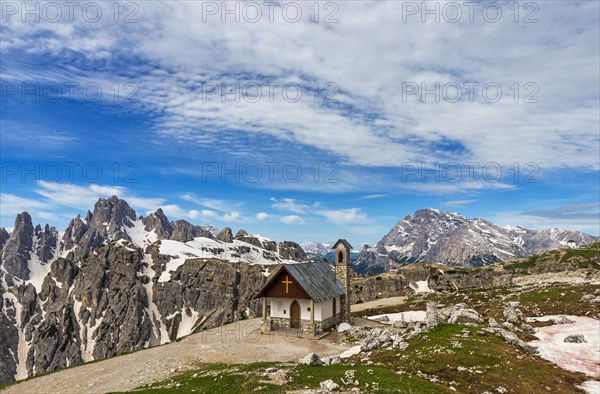 Chapel near Rifugio Auronzo with Cadini di Misurina and Monte Cristallo