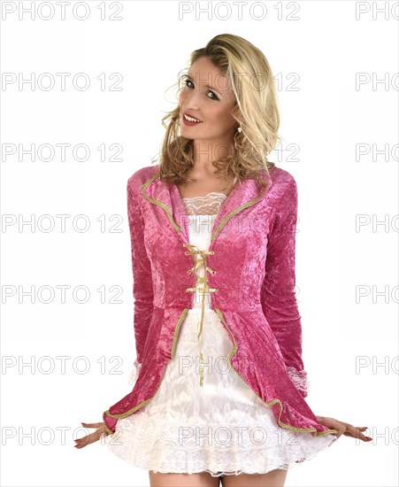Young blonde woman wearing a pink and white costume