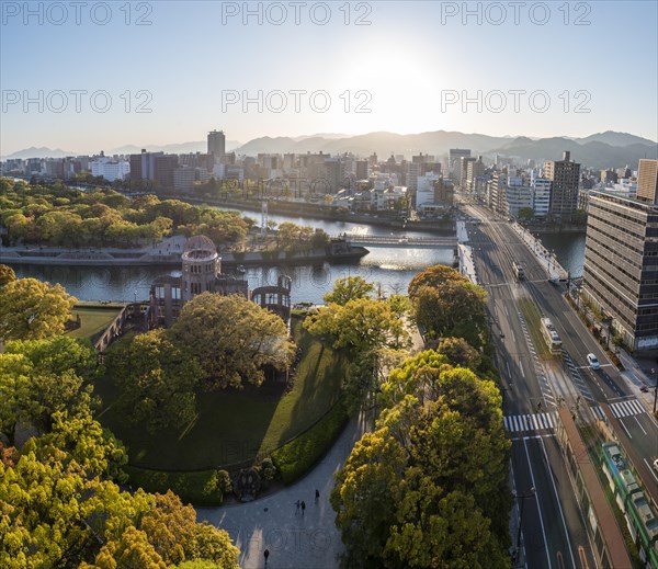 Panoramic view from Hiroshima Orizuru Tower over the city with atomic bomb dome