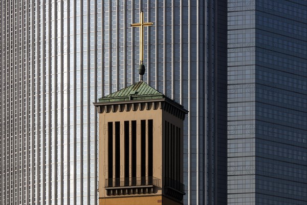 Steeple of the Church of Matthew in front of the Pollux building in Frankfurt am Main