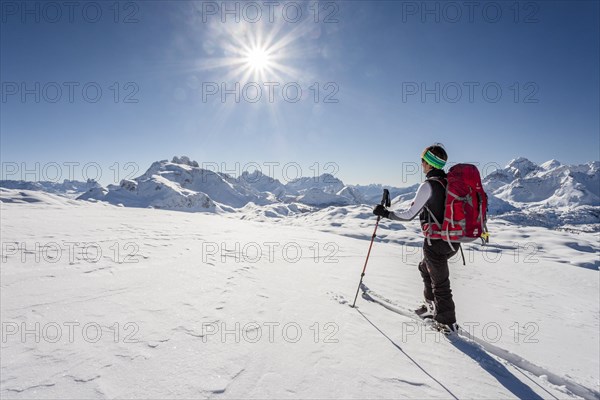 Ski mountaineer during the ascent of Mt Seekofel in the Fanes-Sennes-Prags Nature Park in the Dolomites