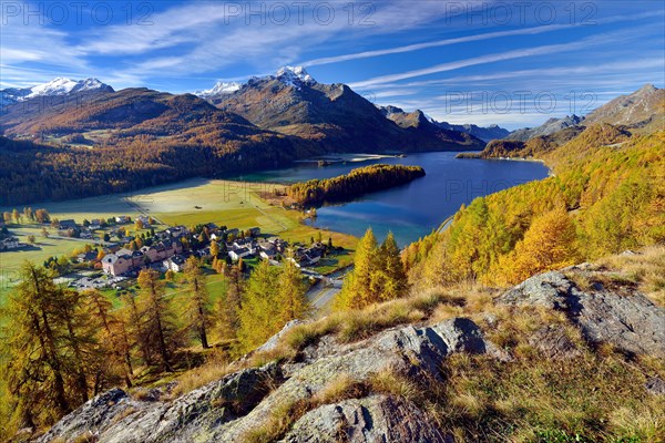 Views of Lake Sils and Piz da la Margna in autumnal Upper Engadine Sils-Baselgia