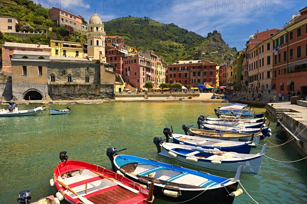 Colourful houses and boats in the fishing port of Vernazza in the morning light