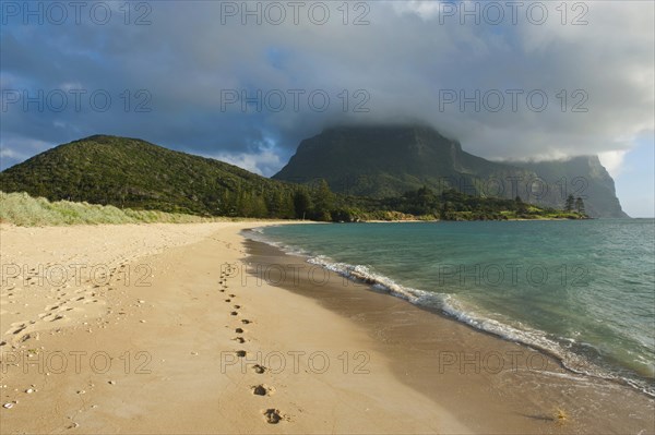 Deserted beach with Mount Lidgbird and Mount Gower at the back