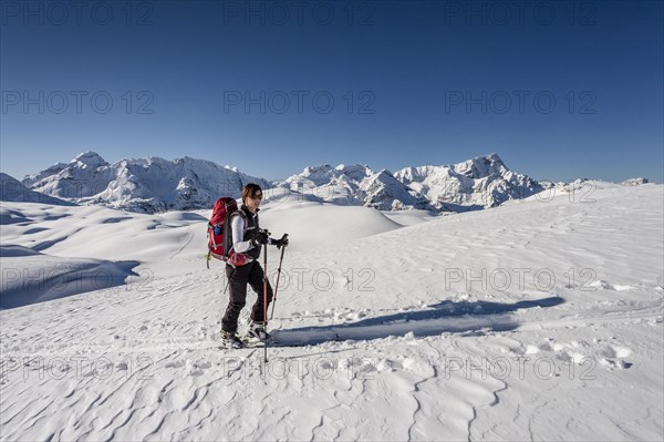 Ski tourner ascending Mt Seekofel in the Fanes-Sennes-Prags Nature Park in the Dolomites