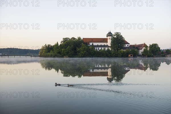 Early morning at Seeon Abbey on an island in Seeoner See Lake