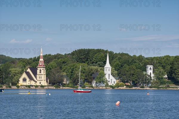 View over the bay Mahone Bay with three churches