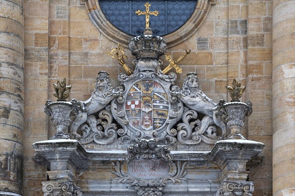 Coat of arms of Friedrich Carl von Schonborn above the entrance of the Gossweinstein pilgrimage church of the Holy Trinity