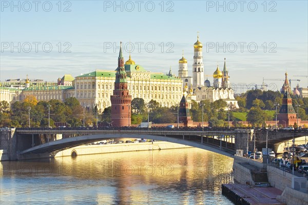 Moscow Kremlin with palace and cathedrals and stone bridge across the Moskva River