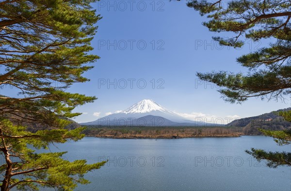 View over a lake to the volcano Mt Fuji