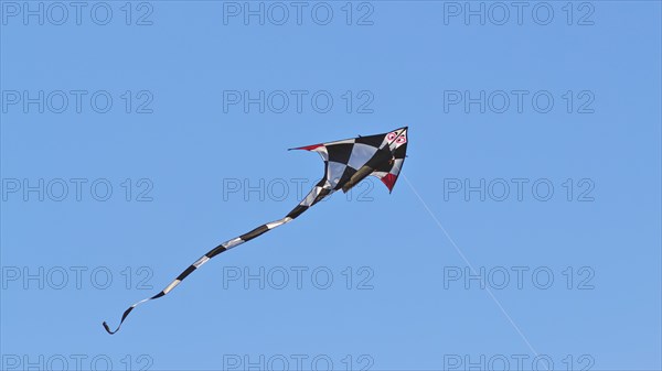 Black and white checkered kite with red wing tips flying in a blue sky