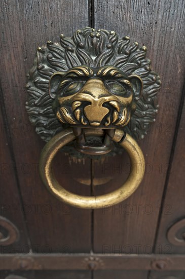 Lion head as a door knocker on the Romanesque entrance portal of the Scots monastery of St. Jacob