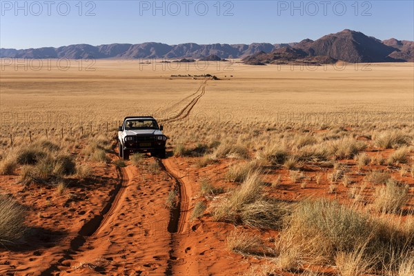 Pick-up driving through desert landscape behind the Tiras Mountains