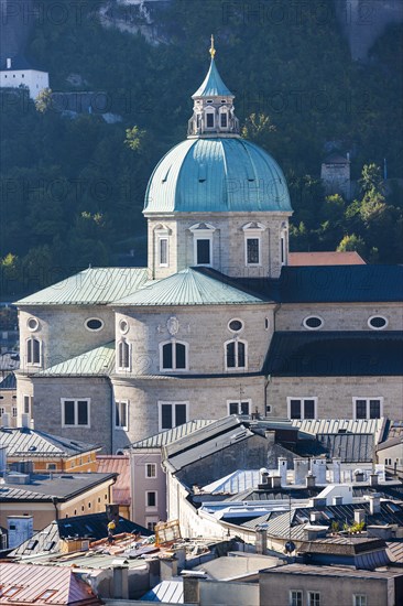 View from the Kapuzinerberg on the old town with dome of Salzburg Cathedral