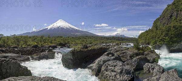 Waterfall of the Rio Petrohue and the Osorno volcano