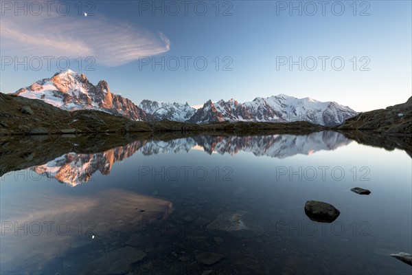 Evening light at Lac de Chesserys with mountains behind of Chamonix