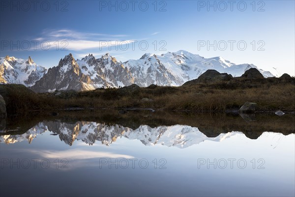 Evening light at Lac de Chesserys with mountains behind of Chamonix