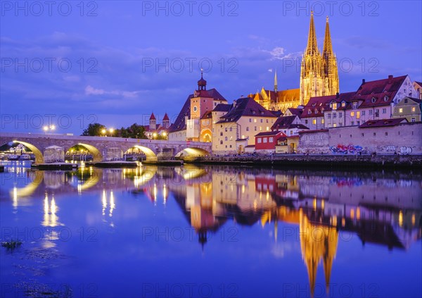 Stone bridge over the Danube and old town with cathedral at dusk