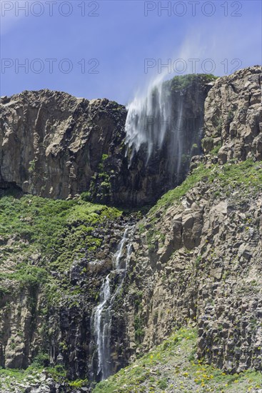 A small waterfall is blown away by the storm