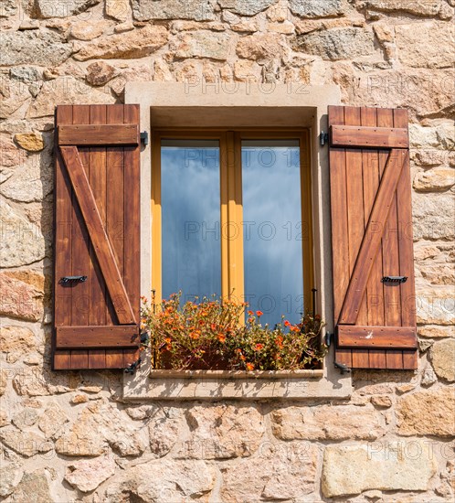 Windows with brown shutters