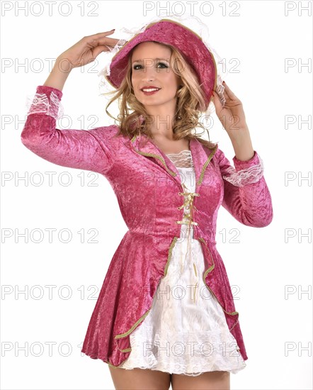 Young blonde woman wearing a pink and white costume