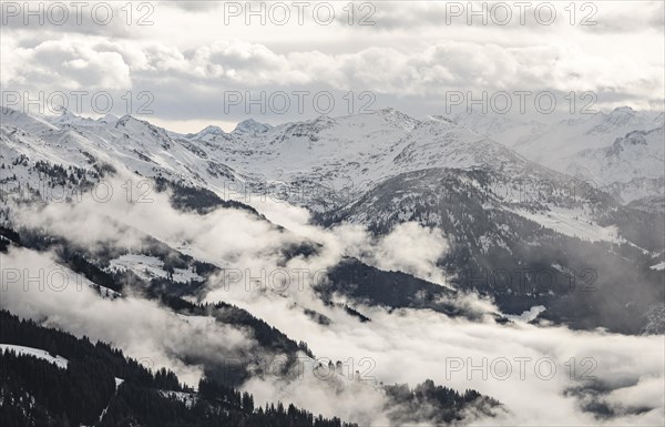 Clouds rising on a wooded mountain slope