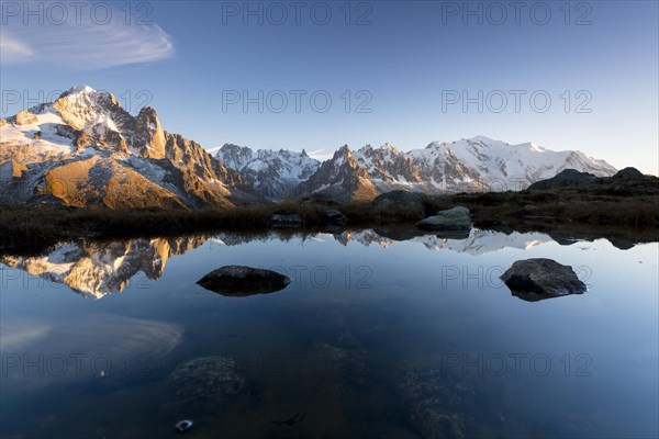 Evening light at Lac de Chesserys with mountains behind of Chamonix