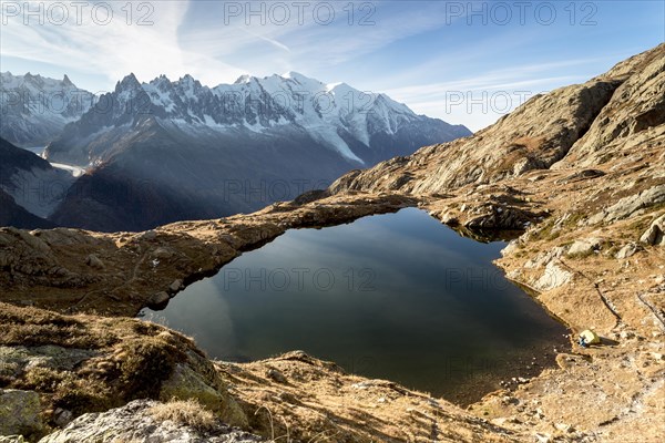 Early morning at Lake Chessery with views of Mont Blanc in Chamonix