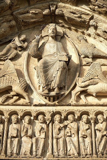 Gothic sculptures of Christ Pantocrator surrounded by the four Evangelist symbols