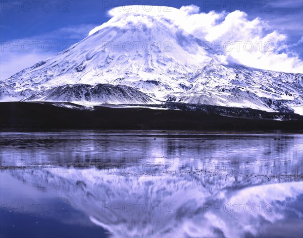 Parinacota volcano with reflections in the lake Lago Chungara