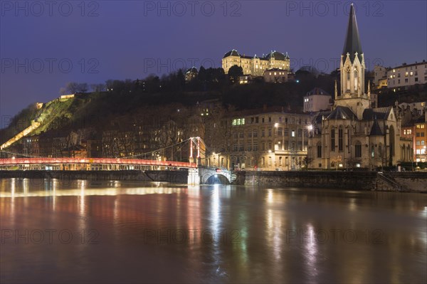 Saint Georges Footbridge and Saint John Cathedral at night, Lyon