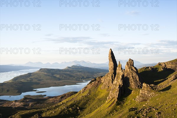 The Old Man of Storr and surrounding rock pinnacles in early morning