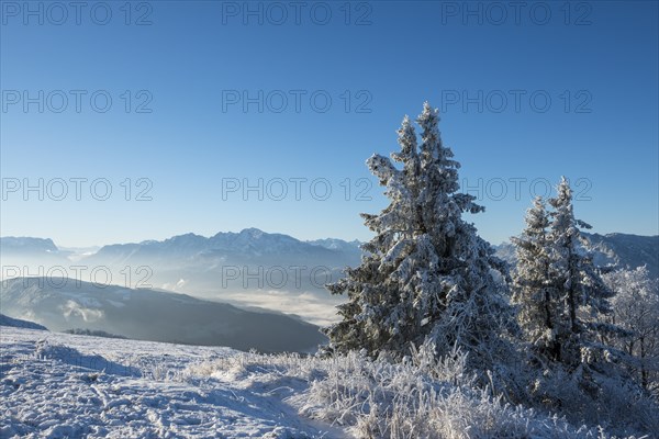 Wintry view from the Gaisberg of the Salzach Valley and the Hohen Goll