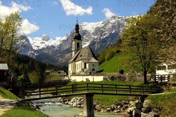 Parish church St. Sebastian in spring with Ramsauer Ache