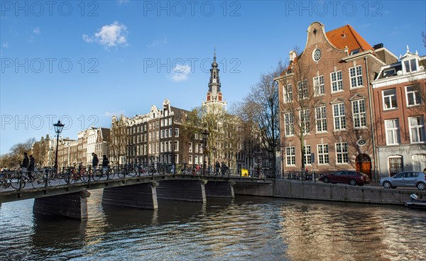 Bridge and historic houses at the Kloveniersburgwal with Zuiderkerk