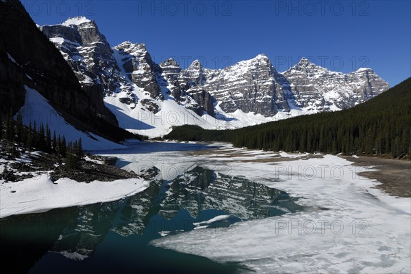 Wenkchemna Peaks mountain group reflected in the glacial Moraine Lake